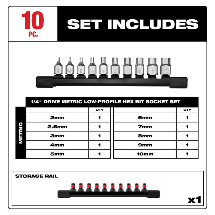 Milwaukee 48-22-9545 1/4" Drive Low-Profile Hex Bit Socket Set - Metric - 10 PC