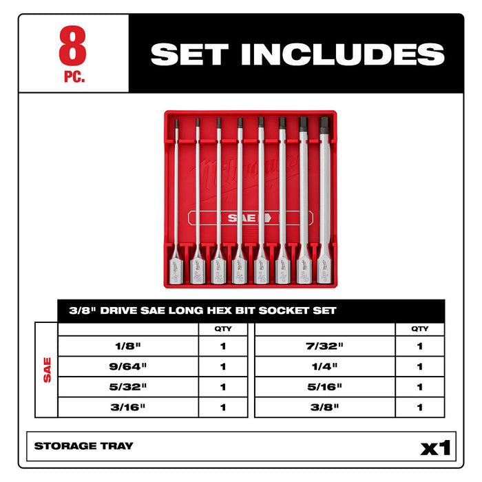 Milwaukee 48-22-9546 3/8" Drive Long Hex Bit Socket Set - SAE - 8 PC