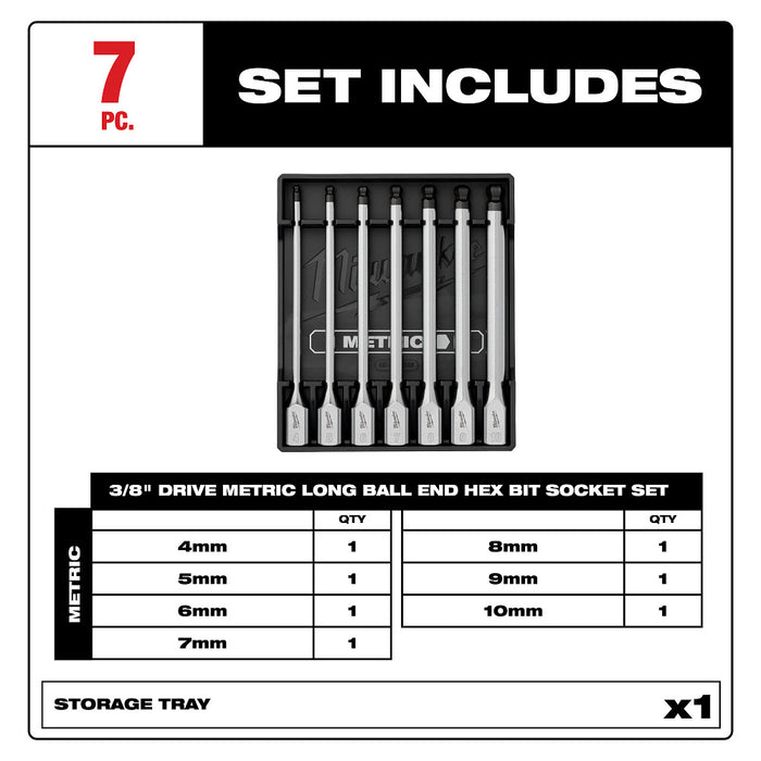Milwaukee 48-22-9548 3/8" Drive Long Ball End Hex Bit Socket Set - Metric - 7 PC
