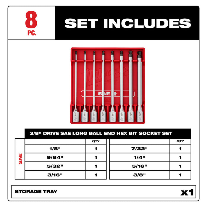 Milwaukee 48-22-9549 3/8" Drive Long Ball End Hex Bit Socket Set - SAE - 8 PC