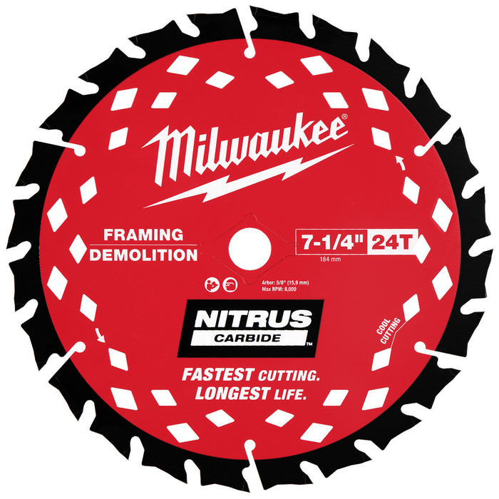 Milwaukee 48-40-0752 7-1/4” 24T NITRUS Carbide Framing Circular Saw Blade - 2 PK