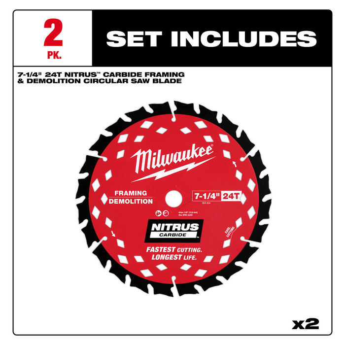 Milwaukee 48-40-0752 7-1/4” 24T NITRUS Carbide Framing Circular Saw Blade - 2 PK