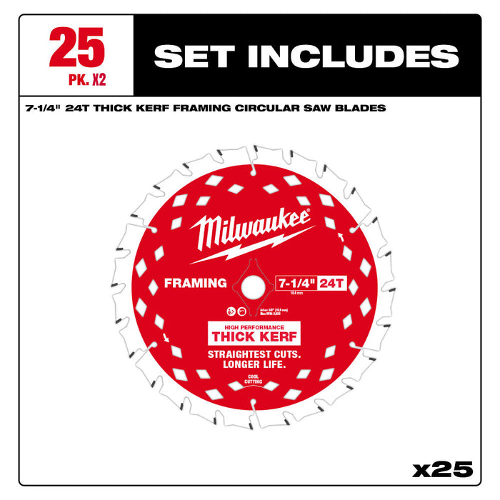 Milwaukee 48-40-2740x2 7-1/4" 24T Thick Kerf Framing Circular Saw Blade - 50 PK