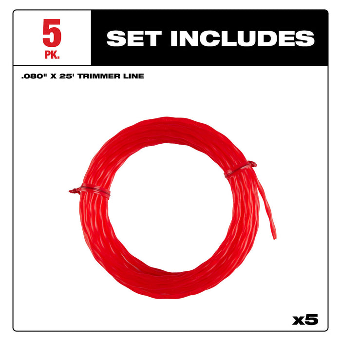 Milwaukee 49-16-2810 .080" x 25' Pre-Cut Twisted Trimmer Line - 5 PK