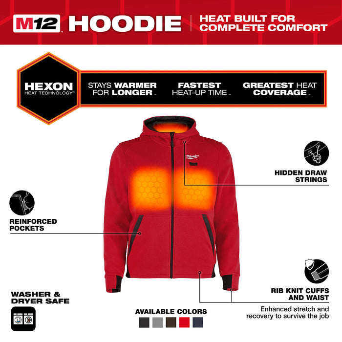 Milwaukee M200R-20XL M12 12V Heated Hoodie - Red XL Comfortable Fit