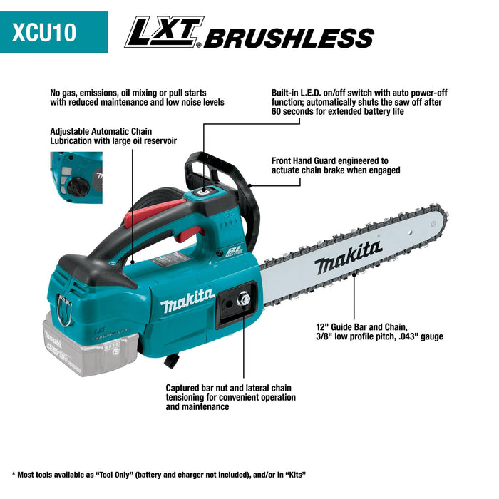 Makita XCU10SM1 18V LXT 12" Li-Ion Brushless Top Handle Chain Saw Kit