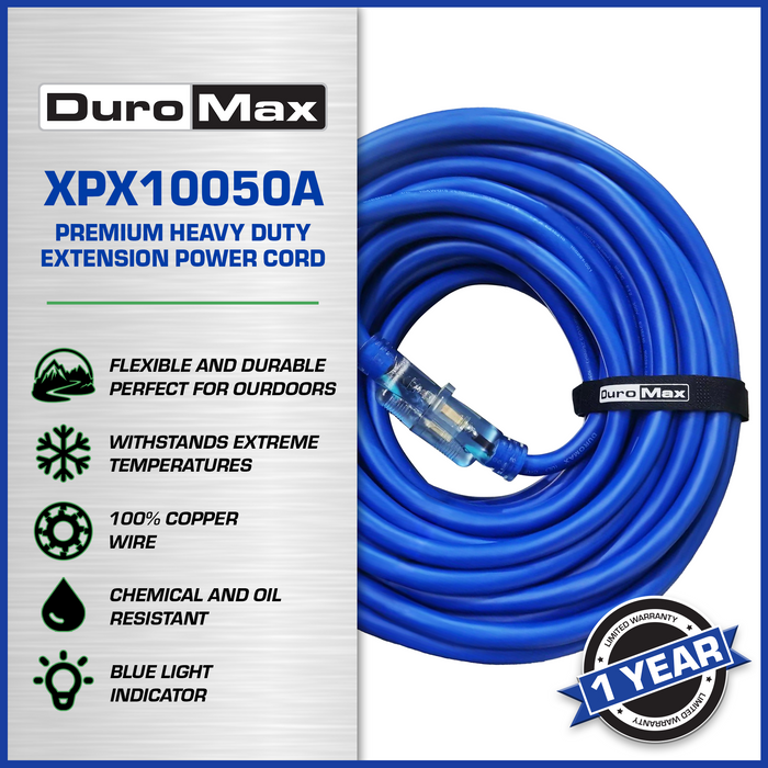 DuroMax XPX10050A Heavy Duty SJEOOW 50-Foot 10 Gauge Blue Single Tap Extension Power Cord