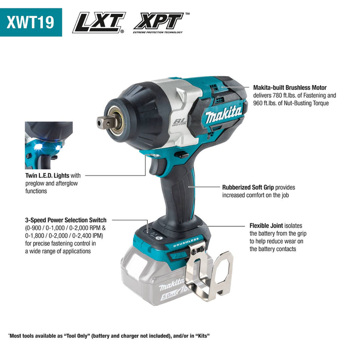 Makita XWT19Z 18V LXT 1/2" Sq. Drive Impact Wrench w/ Detent Anvil - Bare Tool