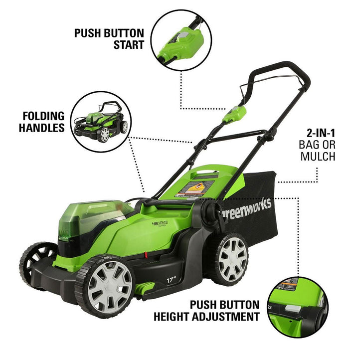 Greenworks 2526302AZ 24V/48V 17" Cordless Lawn Mower Kit w/ 4AH USB Batteries