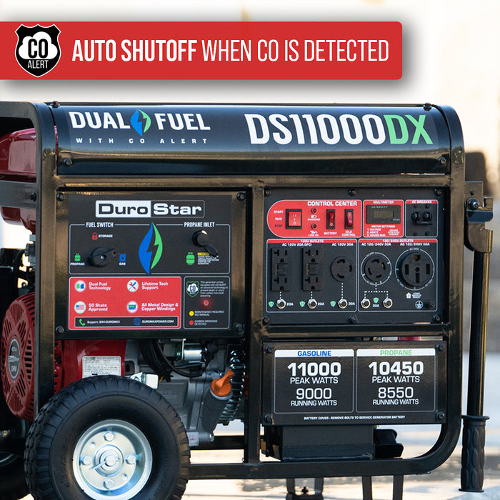 DuroStar DS11000DX 11,000W/9,000W 457cc Electric Start Dual Fuel Portable Generator w/ CO Alert