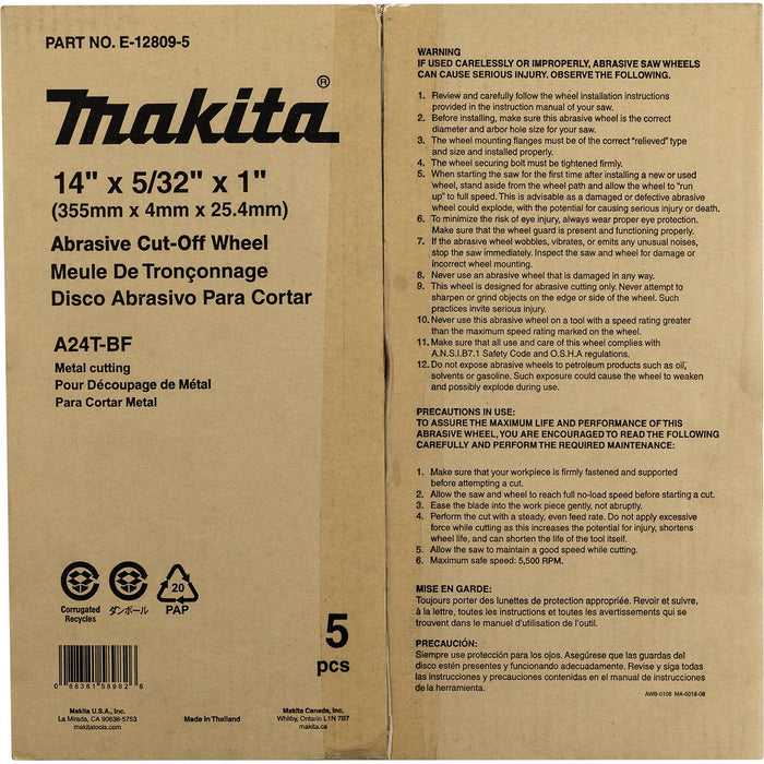 Makita E-12809-5 14" x 5/32" x 1" Abrasive Cut-Off Wheel - 5 PK