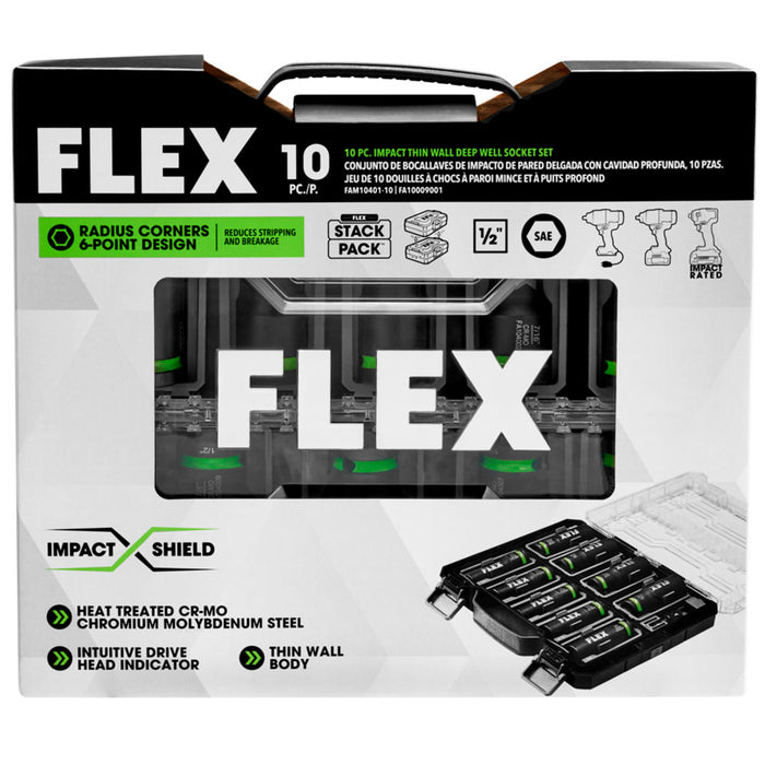 Flex FAM10401-10 1/2" Thin Wall Deep Well 6-point Drive Impact Socket Set -10 PC