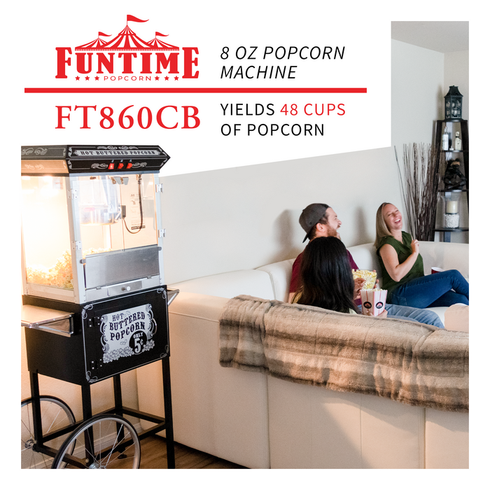 FunTime FT860CB 8oz Premium Black Popcorn Popper Machine Maker Cart Vintage