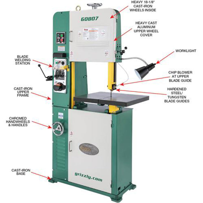 Grizzly G0807 110V/220V 18 Inch 2 HP Vertical Metal Cutting Bandsaw