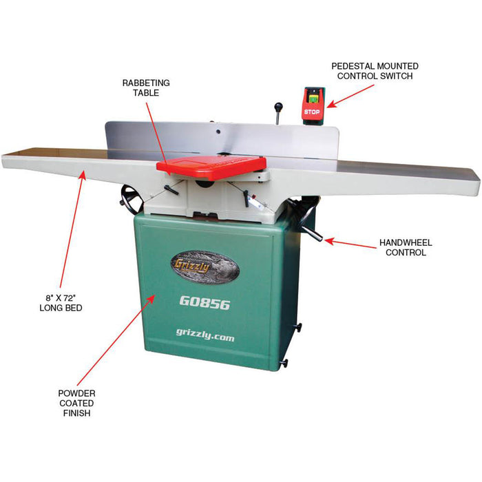 Grizzly G0856 230V 8 Inch x 72 Inch Jointer with Spiral Cutterhead & Mobile Base