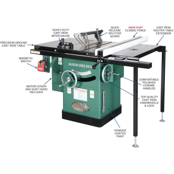 Grizzly G1023RLWX 240V 10 Inch 5 HP 240V Cabinet Left-Tilting Table Saw