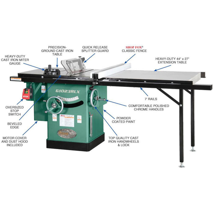 Grizzly G1023RLX 10 In 3 HP 240V Cabinet Left-Tilting Table Saw Extension Table