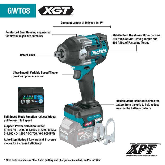 Makita GWT08Z 40V XGT Brushless 1/2" Sq. Mid-Torque Impact Wrench - Bare Tool