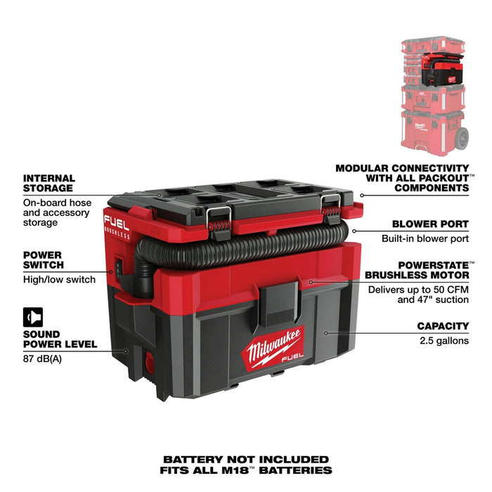 Milwaukee 0970-20 M18 FUEL PACKOUT 2.5 Gallon Cordless Wet/Dry Vacuum -Bare Tool