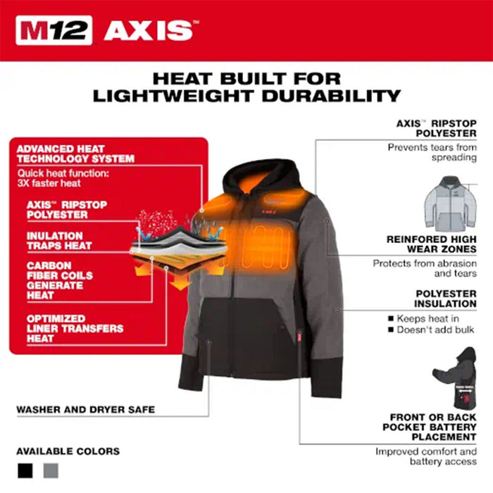 Milwaukee 205B-21XL M12 12V Heated AXIS Black Hooded Jacket Kit - XL