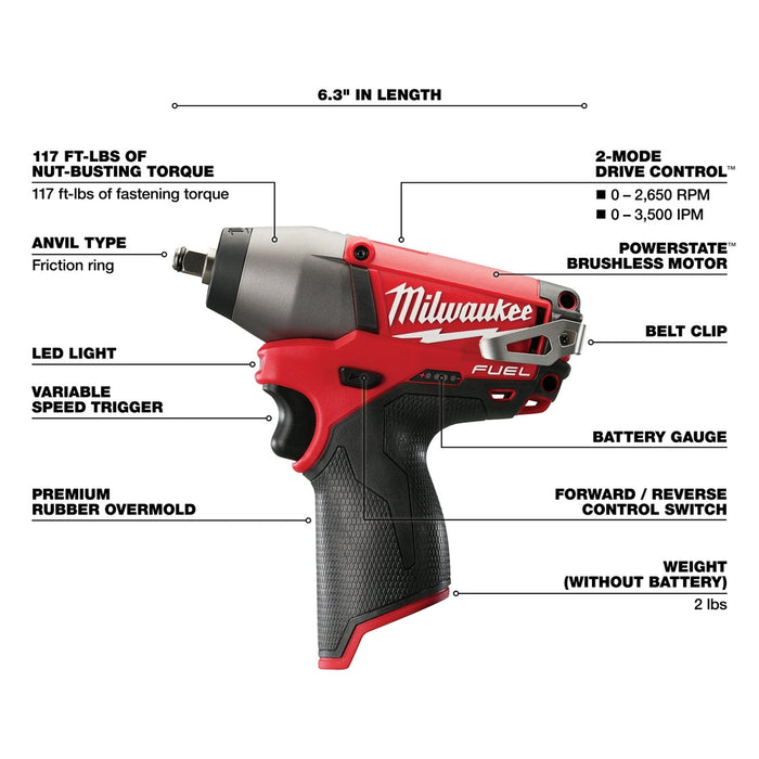 Milwaukee 2454-20 M12 FUEL 12V 3/8" Impact Wrench w/ Belt Clip - Bare Tool