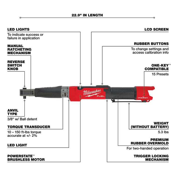 Milwaukee 2465-20 M12 FUEL 12V 3/8" Digital Torque Wrench w/ ONE-KEY - Bare Tool