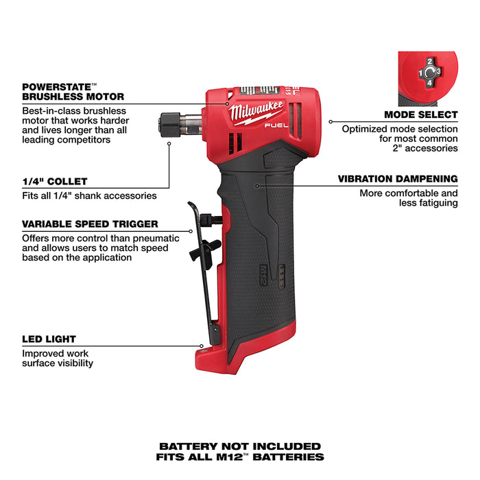 Milwaukee 2485-20 M12 FUEL 12V 1/4" Cordless Right Angle Die Grinder - Bare Tool