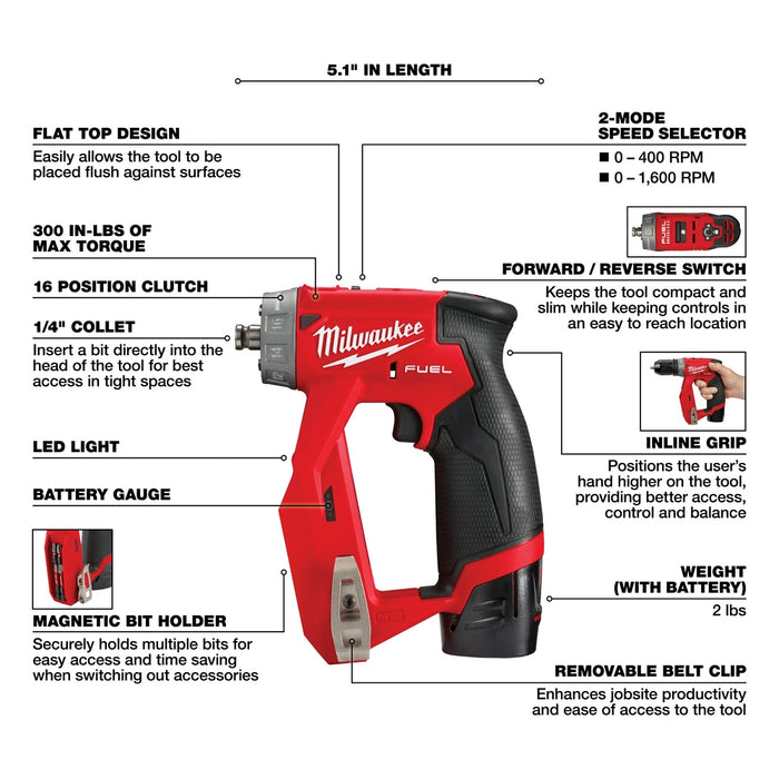 Milwaukee 2505-22 M12 FUEL 12V Brushless Installation 4-in-1 Drill/Driver Kit