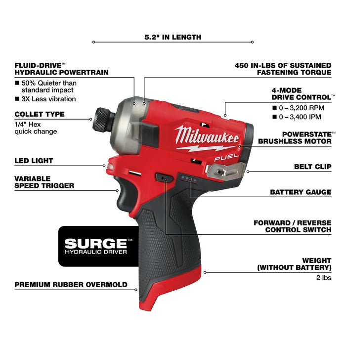 Milwaukee 2551-80 M12 FUEL SURGE 1/4" Hex Hydraulic Driver - Bare Tool - Recon