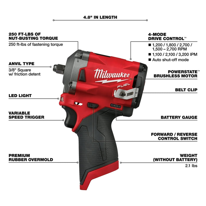 Milwaukee M12 2552-20 M12 FUEL 12V 1/4-Inch Stubby Impact Wrench - Bare Tool