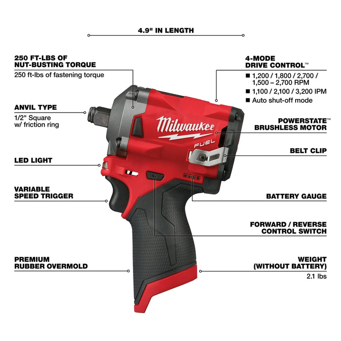 Milwaukee M12 2555-20 M12 FUEL 12V 1/2-Inch Stubby Impact Wrench - Bare Tool