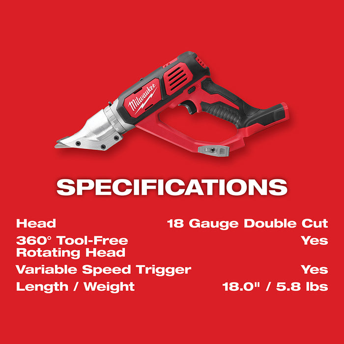 Milwaukee 2635-20 M18 18V 18 Gauge Cordless Double Cut Shear, Bare-Tool