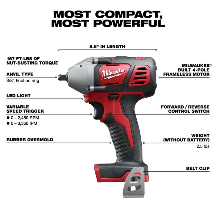 Milwaukee 2658-20 M18 18V 3/8-Inch Impact Wrench w/ Belt Clip - Bare Tool
