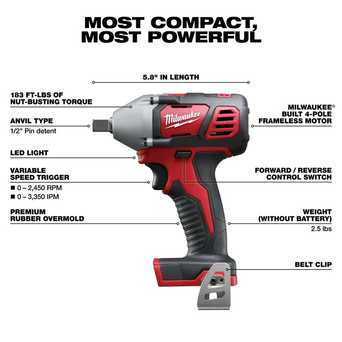 Milwaukee 2659-20 M18 18V 1/2-Inch Impact Wrench w/ Belt Clip - Bare Tool