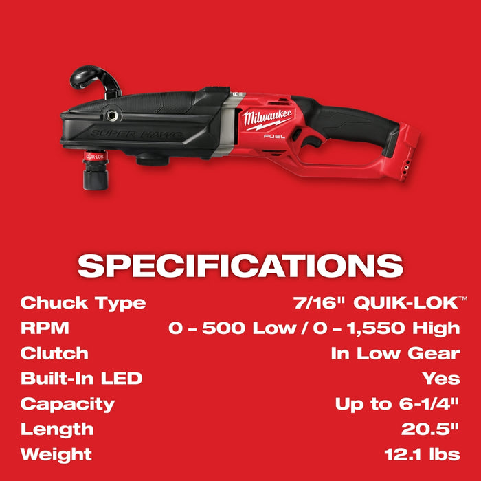 Milwaukee 2811-20 M18 FUEL 18V Super Hawg Right Angle Drill Quik-Lok Bare  Tool