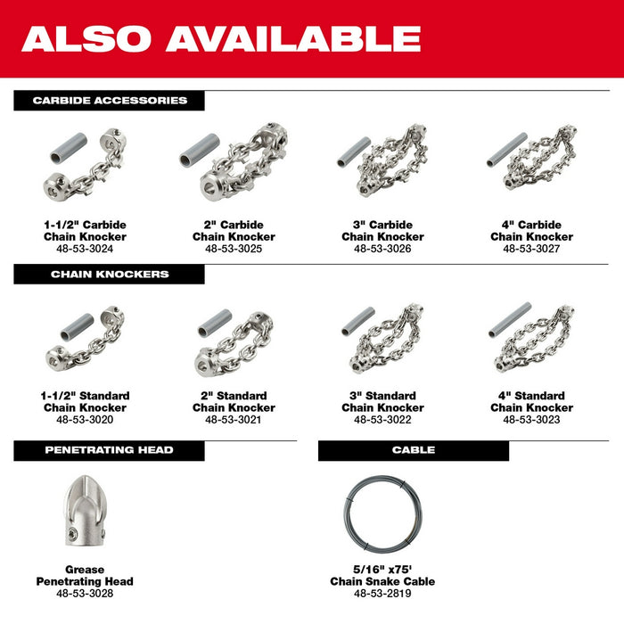 Milwaukee 2819-22 M18 FUEL 18V High Speed Chain Snake Kit for 1-1/2" – 4" Pipes