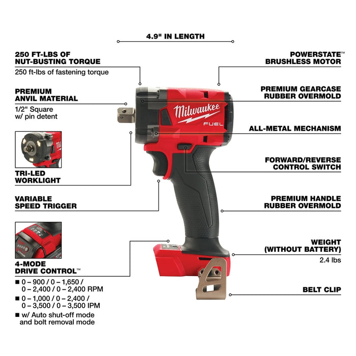 Milwaukee 2855P-20 M18 FUEL 18V 1/2" Impact Wrench w/ Pin Detent - Bare Tool