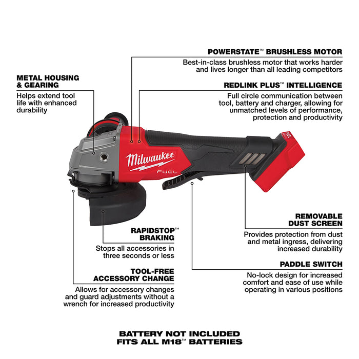 Milwaukee 2880-20 M18 FUEL 4-1/2" / 5" Grinder Paddle Switch No-Lock - Bare Tool