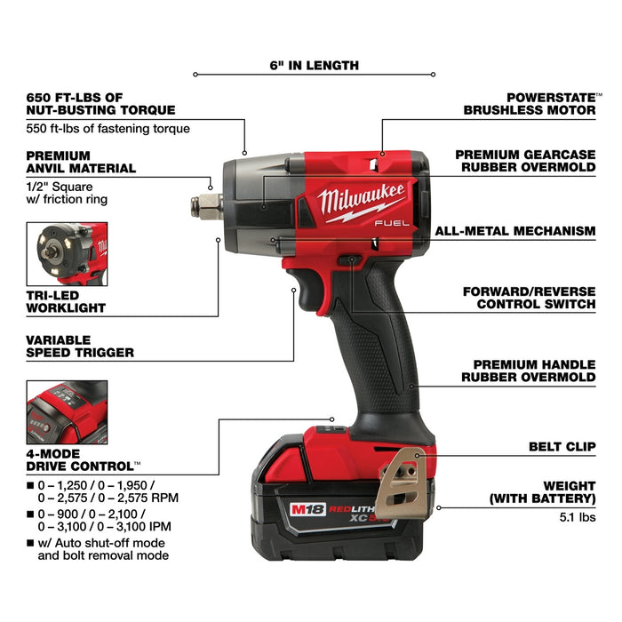 Milwaukee 2962-22R M18 FUEL 18V 1/2" Mid-Torque Impact Wrench w/ Ring Kit