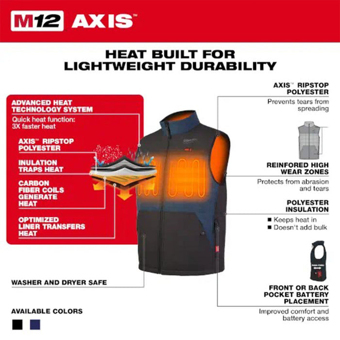 Milwaukee 305B-20L M12 12V Lightweight Durable Heated AXIS Black Vest - Large