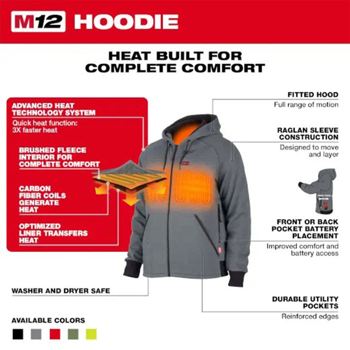Milwaukee 306R-20L M12 12V Durable Carbon Fiber Heated Red Hoodie - Large