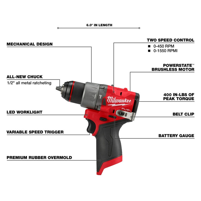 Milwaukee 3404-20 M12 FUEL 12V 1/2" Cordless Hammer Drill/Driver - Bare Tool