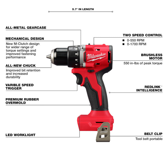 Milwaukee 3601-20 M18 18V 1/2" Compact Brushless Drill Driver - Bare Tool