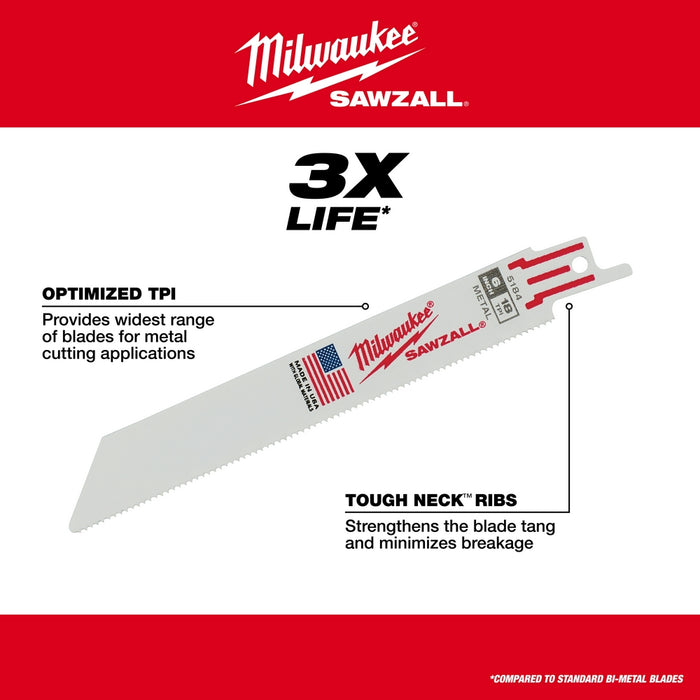Milwaukee 48-00-5184 6-Inch 18-TPI Tough Neck Thin Kerf SAWZALL Blades - 5pk