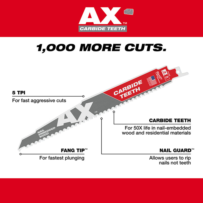 Milwaukee 48-00-5226  9" 5T SAWZALL BLADE The AX w/ Carbide Teeth Wood Blades