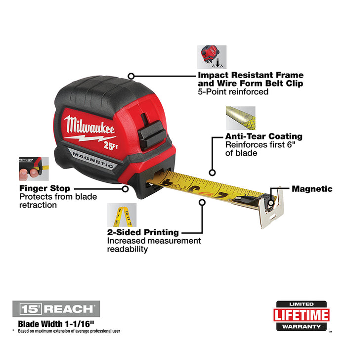 Milwaukee 48-22-0325 Compact Wide Blade Magnetic Tape Measures, 25