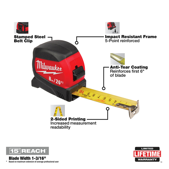 Milwaukee 48-22-0425 25 ft Compact Wide Blade Tape Measure w/ 12 ft Standout