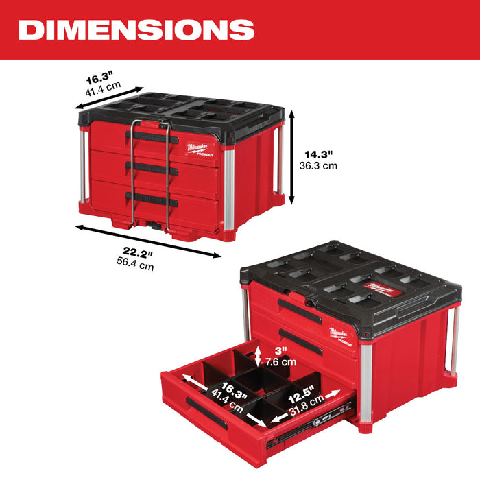 Milwaukee 48-22-8443 PACKOUT 3 Drawer Durable Tool Box w/ 50lbs Capacity