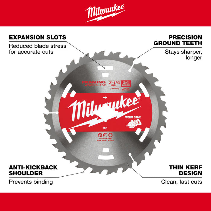 Milwaukee 48-40-1713 7-1/4" 24T Construction Framing Circular Saw Blade - 25 PK
