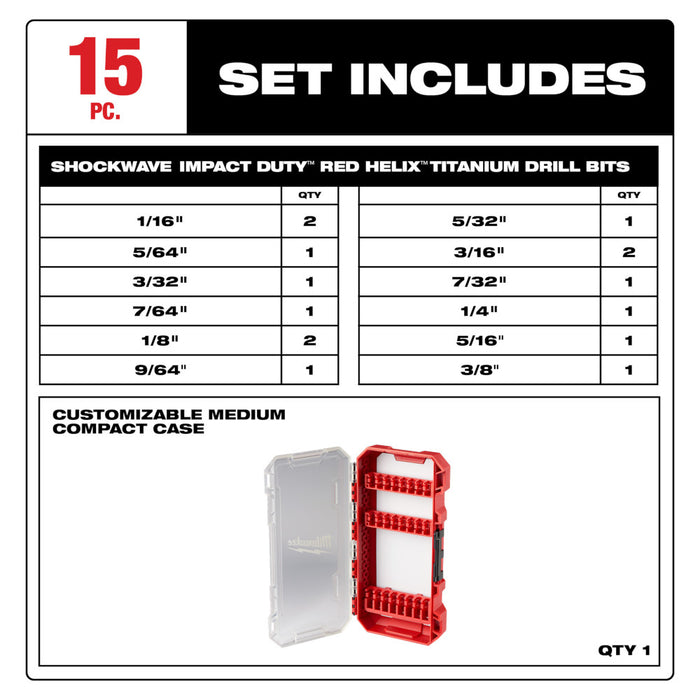 Milwaukee 48-89-4670 SHOCKWAVE RED HELIX Titanium Drill Bit Set - 15 PC